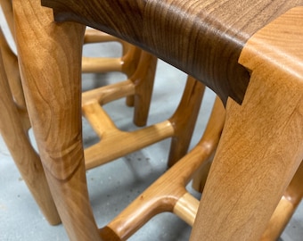 RARE Set of Stools | Counter Height Stool 25" | Hand Carved Walnut and Alder Wood | Custom Stool