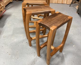 RARE Set of Stools | Counter Height Stool 25" | Hand Carved Walnut and Alder Wood | Custom Stool
