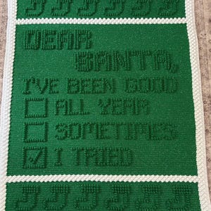 May include: A green and white crocheted blanket with the text "DEAR SANTA, I'VE BEEN GOOD, ALL YEAR, SOMETIMES, I TRIED." The blanket has a textured appearance and a white border.