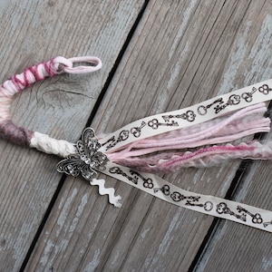 Pink Gray White Silver Butterfly Gemstone Dread Wrap Extension | 15&quot; | 39cm | Dread Wrap | Dread Extension | Yarn Fall | Hamsa | Lotus
