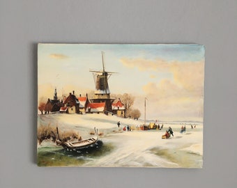 Vintage Original Oil Painting, Winter Scene by A.M.V. Senus, 16"x12" Ready to hang, Signed and dated Feb 26, 1990