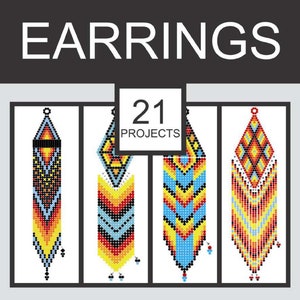 Może przedstawiać: Okładka książki z tytułem "BRICK STITCH SEED BEAD EARRINGS" i czterema kolorowymi wzorami kolczyków z koralików. Książka nosi tytuł "BOOK OF PATTERNS 3" i jest "DESIGNED BY GALIYA". Okładka zawiera tekst "21 PROJECTS".