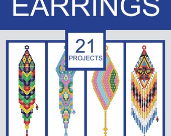 May include: A book cover with the title "BRICK STITCH SEED BEAD EARRINGS" and the text "21 PROJECTS." The cover features four colorful earring designs. The text "BOOK OF PATTERNS 1 DESIGNED BY GALIYA" is also present.