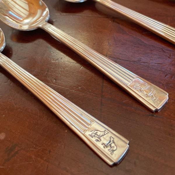 Four Bull and Bear Spoons, Wall Street Restaurant in Waldorf Astoria, Vintage Silver Plate, Circa 1950s