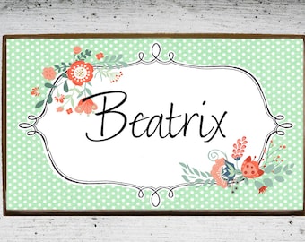 Door plaque, door sign, kids room sign, kids name plate, wooden wood name plaque in floral. Personalized nursery sign with your baby's name.