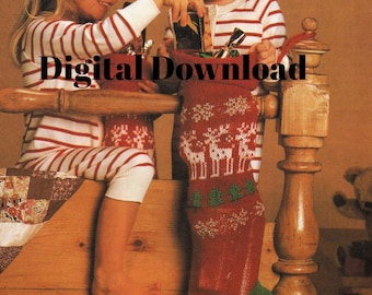 Christmas Stocking Sock Knitting Pattern, Fair Isle, Reindeer Snowflakes Fir Tree, Oversize XL Size, PDF Instant, Digital Download