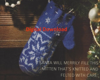 Christmas Mitten, Christmas Stocking Mitten Pattern, Knit Mitten, Felted Mitten, Digital Download, PDF Instant