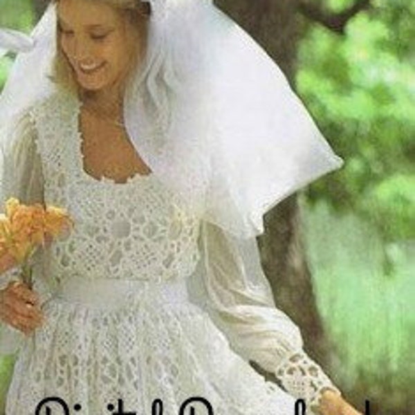 Crochet Wedding Dress Pattern, Vintage Hippie Boho, Romantic Lacy Juliet Cap Veil, Granny Square Motif, PDF Instant, Digital Download