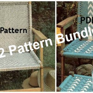 May include: Two PDF patterns for weaving chair seats. One chair seat is woven in a white and gray pattern, the other is woven in a blue and white pattern.  The text "PDF Pattern 2 Pattern Bundle" is superimposed on the image.