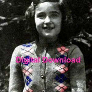 May include: A grey cardigan with a diamond pattern in pink and blue. The cardigan has a button-up front and long sleeves.