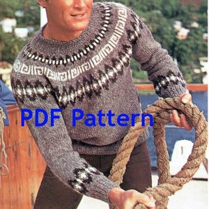 Men's Icelandic Pullover Knit Sweater, Classic Nordic Ski Sweater, Sizes 34-44, Vintage 1960's Pattern, Digital Download, PDF Instant