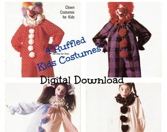 4 Kids Clown Costume Patterns, SELF DRAFTED, Vintage Oversize Child's Halloween Clown Jumpsuit Sewing Pattern, PDF Digital Download