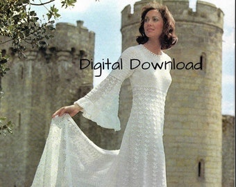 Crochet Wedding Dress Pattern, Vintage Romantic Hippie Boho, Bell Sleeve Bridal Evening Gown, Shawl Stole, PDF Instant, Digital Download