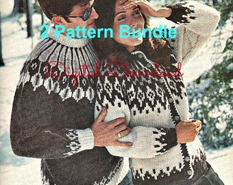 Icelandic Men's Pullover, Women's Cardigan Sweater, Nordic, Fair Isle, Scandinavian Yoke, Vintage 2 Pattern Bundle, PDF Digital Download