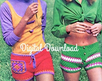 Crochet Shorts Pattern, Vintage 70s Hot Pants, Short Shorts, Daisy Dukes, Hip Huggers, Granny Square Hippie, PDF Instant, Digital Download