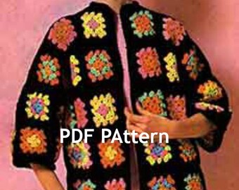 Granny Square Sweater, Hippie Boho Vintage 1970's, Crochet Jacket Pattern, Digital Download, PDF Digital