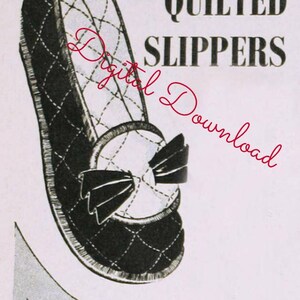 May include: A pair of black quilted slippers with a bow on the toe. The slippers are shown on a white background with the text "QUILTED SLIPPERS" above them.