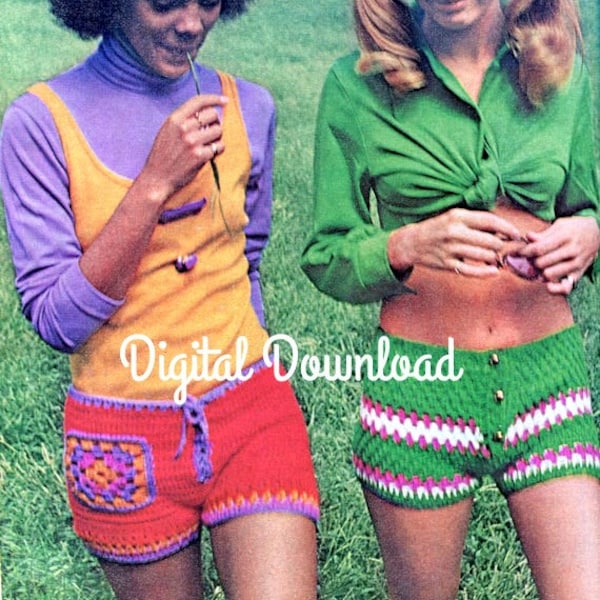 Crochet Shorts Pattern, Vintage 70s Hot Pants, Short Shorts, Daisy Dukes, Hip Huggers, Granny Square Hippie, PDF Instant, Digital Download