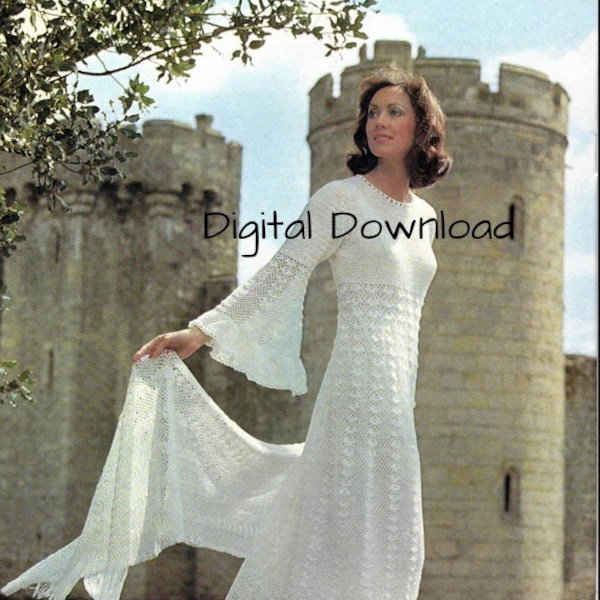 Crochet Wedding Dress Pattern, Vintage Romantic Hippie Boho, Bell Sleeve Bridal Evening Gown, Shawl Stole, PDF Instant, Digital Download