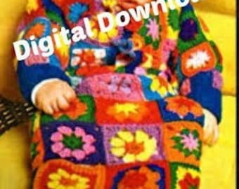 Granny Square Baby Bunting, Vintage Afghan Blanket, Crochet Pattern, PDF Instant, Digital Download