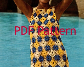 Tunic, Granny Square Motif Dress, Crochet Pattern Vintage, PDF Instant, Digital Download