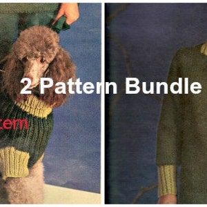 Op de afbeelding: Een bundel breipatronen met twee ontwerpen: een groene en gele hondentrui en een groene en gele capuchontrui. De tekst "2 Pattern Bundle" en "PDF Pattern" is zichtbaar in de afbeelding.
