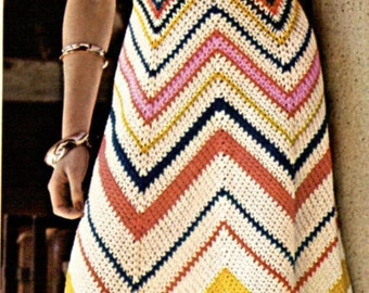 Crocheted Chevron Maxi Dress, Perfect to get your Hippie on, Make it long or short, Vintage Crochet Pattern, PDF Instant, Digital Download