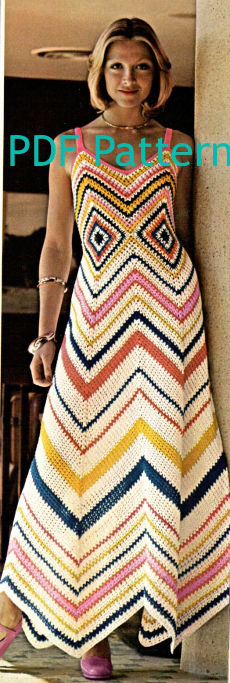 Crocheted Chevron Maxi Dress, Perfect to get your Hippie on, Make it long or short, Vintage Crochet Pattern, PDF Instant, Digital Download image 1