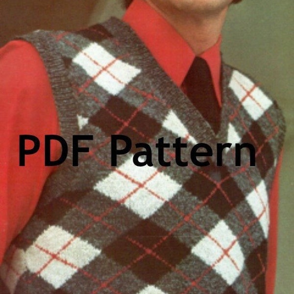 Men's Argyle Knit Vest, Sizes 36-46, Classic Vintage 1970's Pattern, Digital Download, PDF Instant