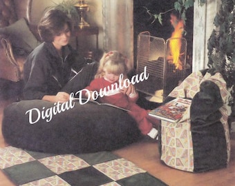 Sitzsack in 2 Größen, Vintage 1980er Schnittmuster, SELF DRAFTED, Hocker mit hoher Rückenlehne, großem Bodenkissen, passender Teppich, digitaler PDF-Download