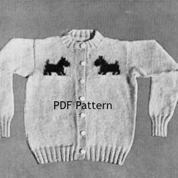 Vintage Girls Sweater Scottie Dog Knit Pattern Size 4 5 Digital Download