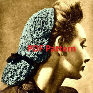May include: A vintage crochet hairnet pattern in blue with the text "PDF Pattern".