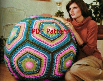 Giant Floor Granny Square Pillow, Vintage Hippie Pouf Ball, Cushion, Crochet Pattern, PDF Instant, Digital Download