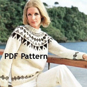 May include: A white knitted sweater with a brown and black geometric pattern around the neck and cuffs. The sweater is worn by a woman with blonde hair. The text "PDF Pattern" is superimposed on the image.