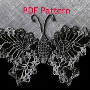Op de afbeelding: Een gehaakt vlinderpatroon in zwart en wit. Het patroon is voor een delicaat vlinderontwerp met ingewikkelde details. PDF-patroon.