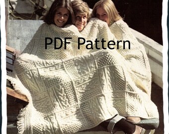 Fishermen Knit Afghan, Classic Granny Square, Fair Isle Afghan, Vintage 1972, Snuggie Blanket, PDF Instant,  Pattern Digital Download