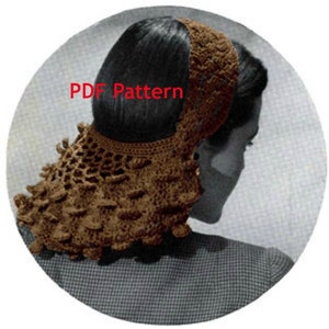 May include: A brown crochet hairnet with a scalloped edge and a headband. The hairnet is worn by a person with dark hair. The image includes the text "PDF Pattern".
