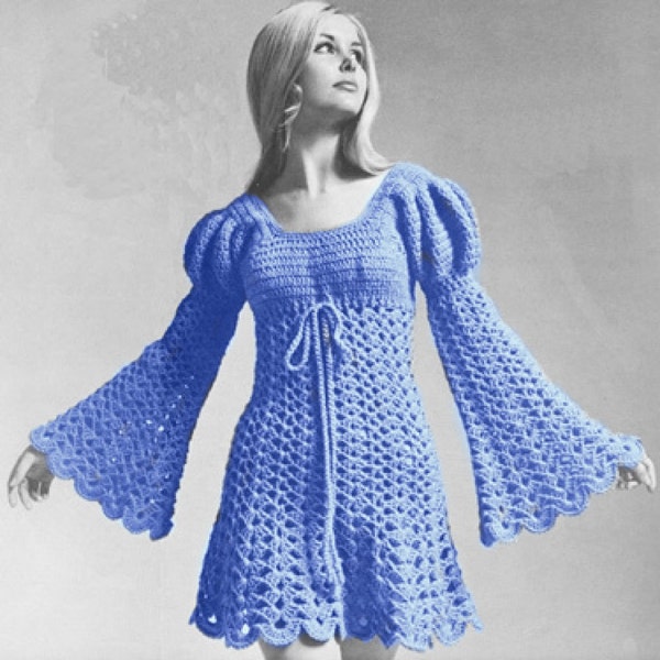 Juliet Style Crochet Dress, Wedding, Hippie Boho, Plus Size Pattern, 70's Empire Romantic, Bell Sleeve Tunic, PDF Instant, Digital Download