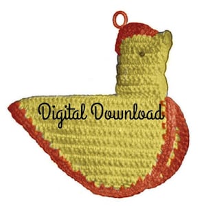 May include: A crocheted yellow chick toy with a red hat and a loop on top. The chick has a red trim around the edges. The text "Digital Download" is superimposed on the image.