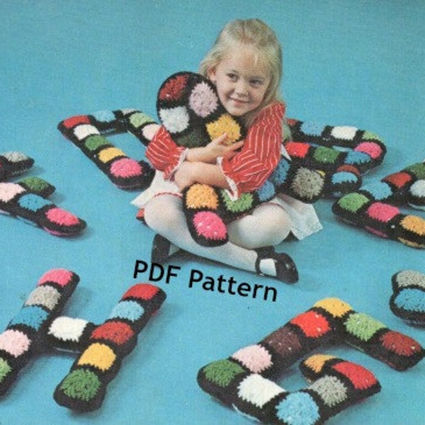 Granny Square Toddler Stuffed Alphabet Toys, toy Letters, Vintage 1978 Pattern, Hippie Toddler Toys, Digital Download, Instant PDF