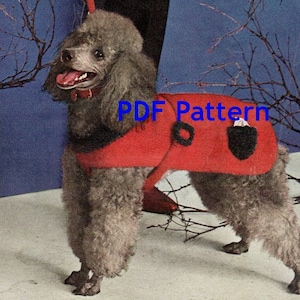 May include: A gray poodle wearing a red dog coat with black trim and a black patch on the back. The coat has a black loop on the front. The text "PDF Pattern" is superimposed on the image.