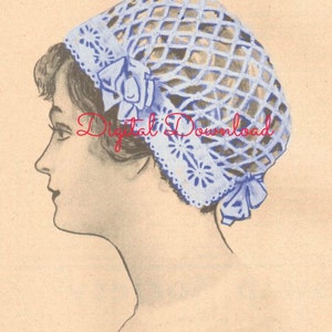 May include: A vintage illustration of a woman wearing a blue crocheted hat with a diamond pattern. The hat has a white lace trim and a bow on the side.