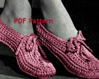 Women's Slipper with Tie, Crochet Pattern, Vintage 1940's, Instant PDF, Digital Download