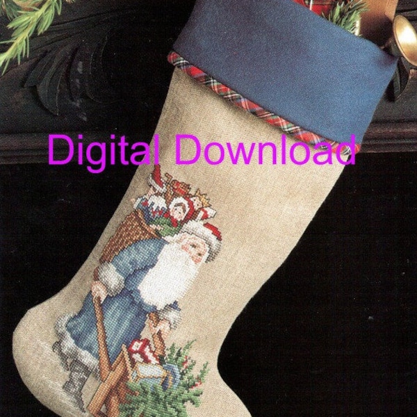 Needlepoint Christmas Stocking Pattern, Santa Old World, Saint Nick, St Nicholas, Cross Stitch, Holiday, PDF Instant, Digital Download