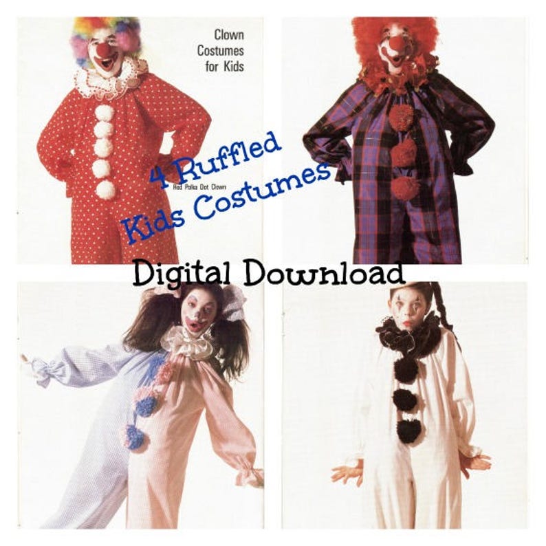 4 Kids Clown Costume Patterns, SELF DRAFTED, Vintage Oversize Child's Halloween Clown Jumpsuit Sewing Pattern, PDF Digital Download image 1