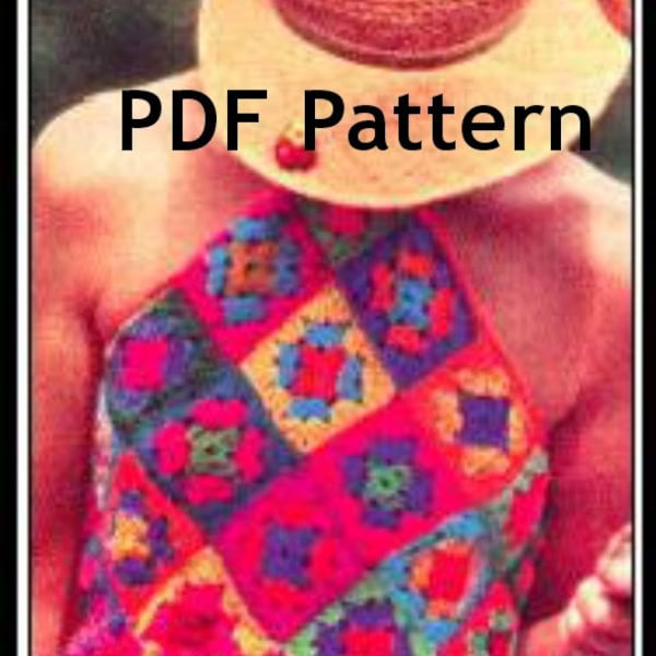 Halter Top Granny Square Crochet Pattern, Crop Top, Vintage Classic Hippie Bohemian, PDF Instant, Digital Download