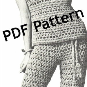 May include: A vintage crochet outfit featuring a sleeveless top and flared pants. The outfit is a light beige color and has a textured, open weave design. The words "PDF Pattern" are overlaid on the image.