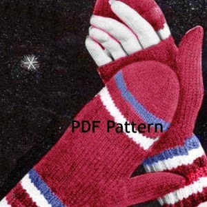 May include: Knitted mittens in a deep red hue, featuring white and blue stripes. The mittens have a ribbed texture, and the text "PDF Pattern" is displayed on the surface.