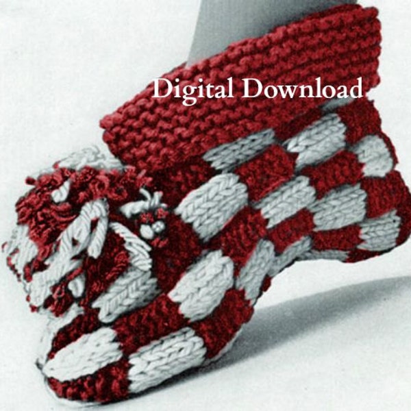 Checkered Knit Slippers Pattern, Boot, Cuffed House Shoes, Vintage, 3 Sizes, PDF Instant, Digital Download