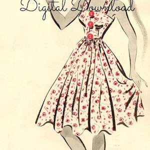 Op de afbeelding: Een vintage illustratie van een vrouw die een witte jurk draagt met een rood bloemenpatroon. De jurk heeft een getailleerd bovenstuk en een volle rok. De vrouw draagt een rood hoofdband en heeft haar haar naar achteren getrokken. De illustratie heeft de titel "Dirndl" en bevat de tekst "Digitale Download".